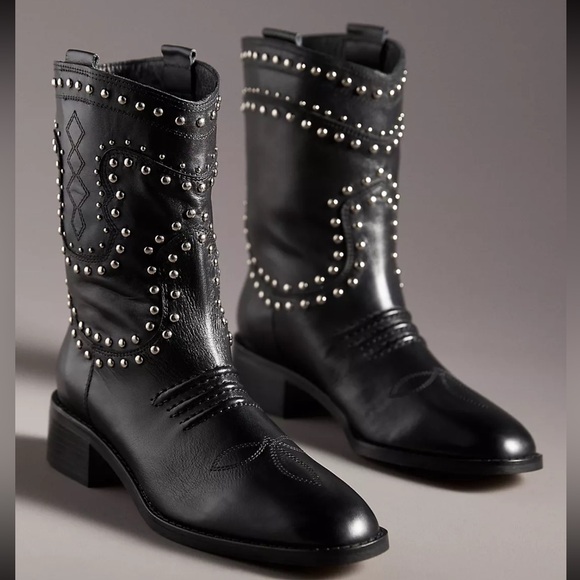 New Bibi Lou Anthropologie Briawa Studded 8 Black MidCalf Soft Leather Western - Picture 1 of 6